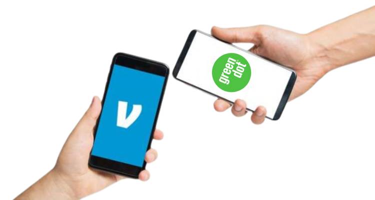 Two smartphones displaying the Venmo and Green Dot logos, symbolizing a digital transaction between the two services.