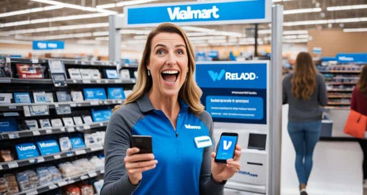 Venmo representative demonstrating how to use Venmo at Walmart online on two smartphones in a Walmart store.